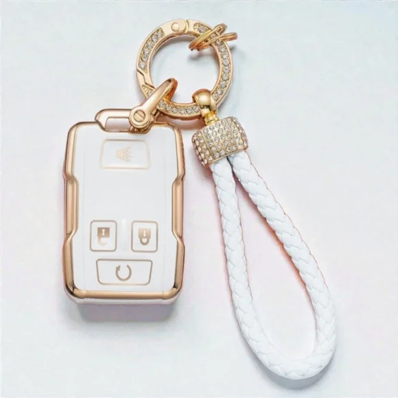 MUGVOLAX Crystal Braided White Leather Car Key Fob Chain Gold Zinc Alloy Purse - Picture 2 of 3
